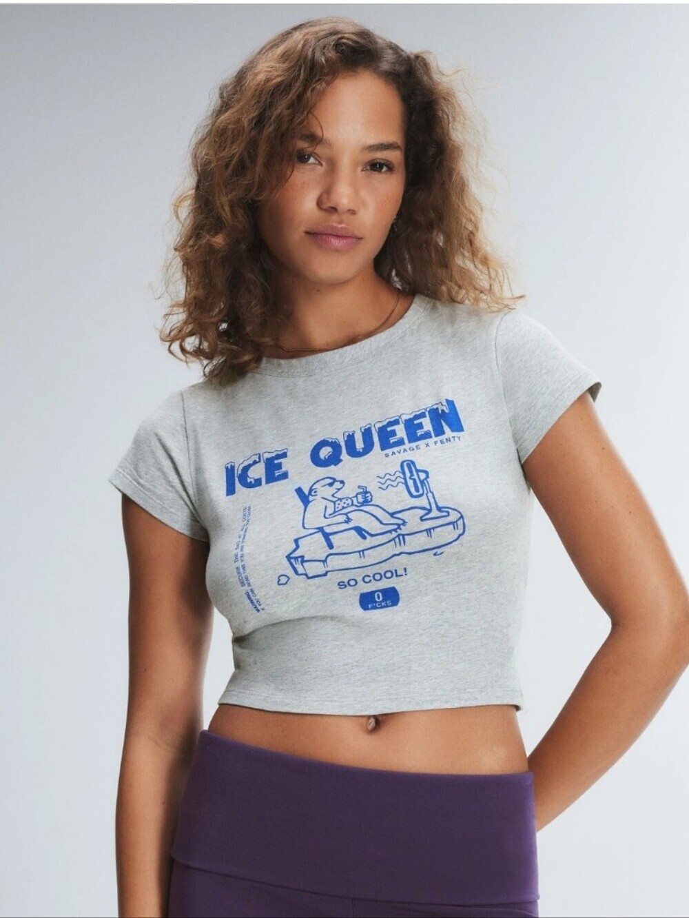 NWT Savage X Fenty Grey Cropped 'Ice Queen' Graphic Tee with Blue Print